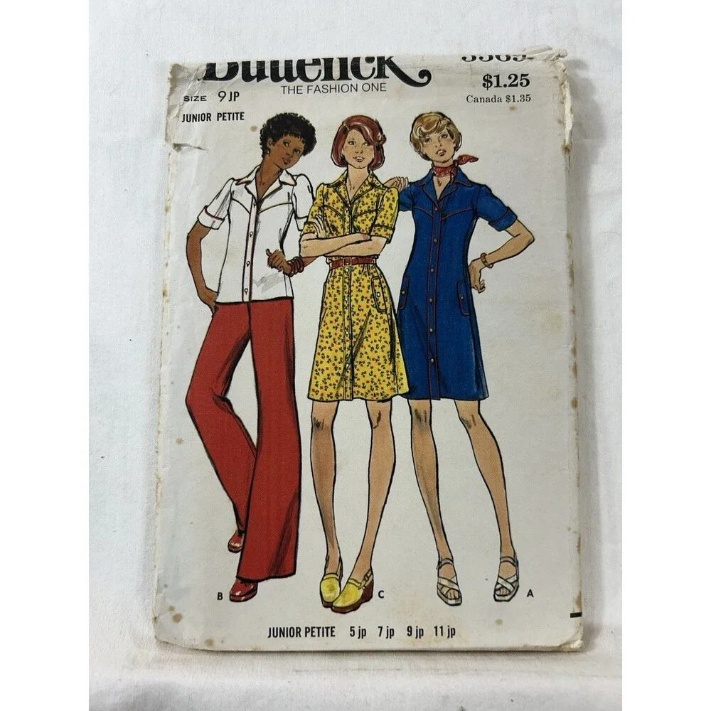 Vintage 70s Butterick 3569 A-Line Button Front Dress Sewing Pattern Junior 9JP